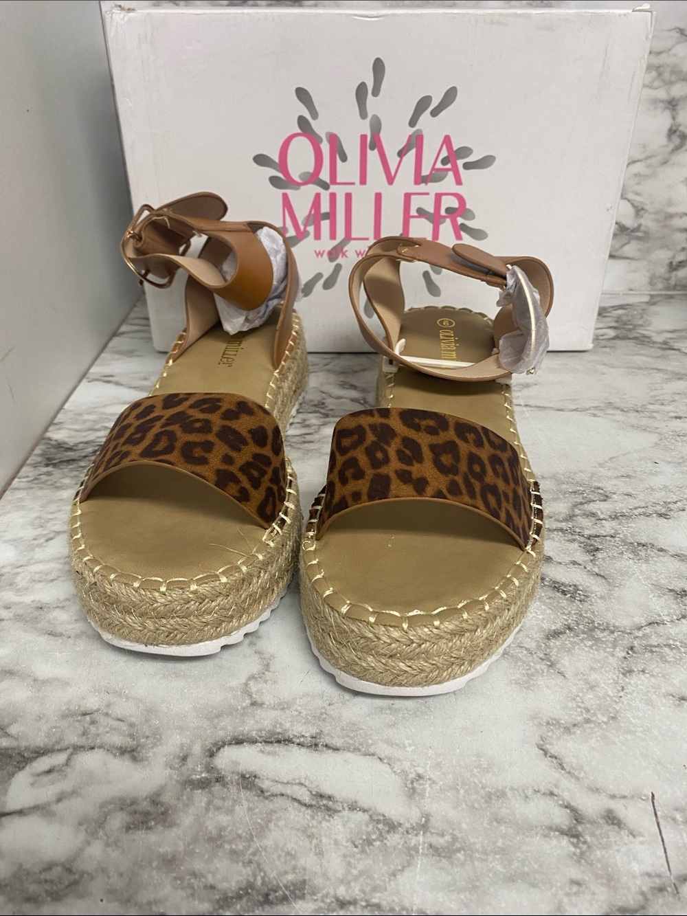 Olivia Miller Leopard Espadrille Platform Sandals - Tan